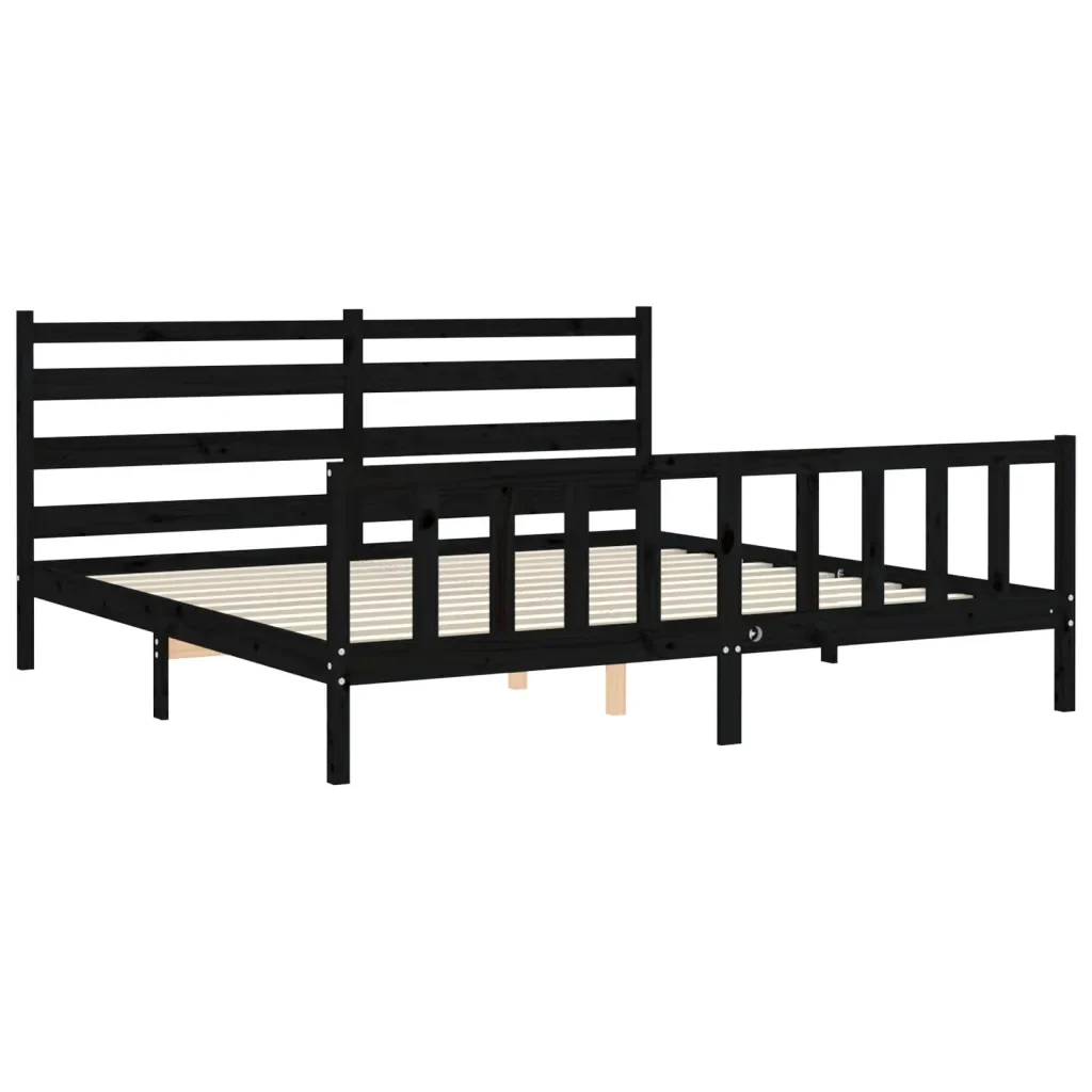Letto matrimoniale | Letto per adulti | Giroletto con Testiera Nero 200x200 cm in Legno Massello - Image 5