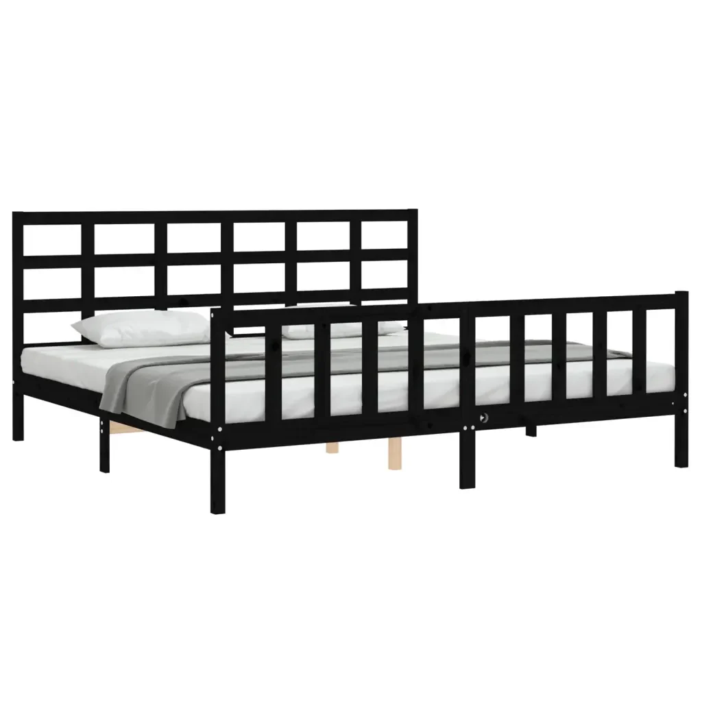 Letto matrimoniale | Letto per adulti | Giroletto con Testiera Nero 200x200 cm in Legno Massello - Image 4