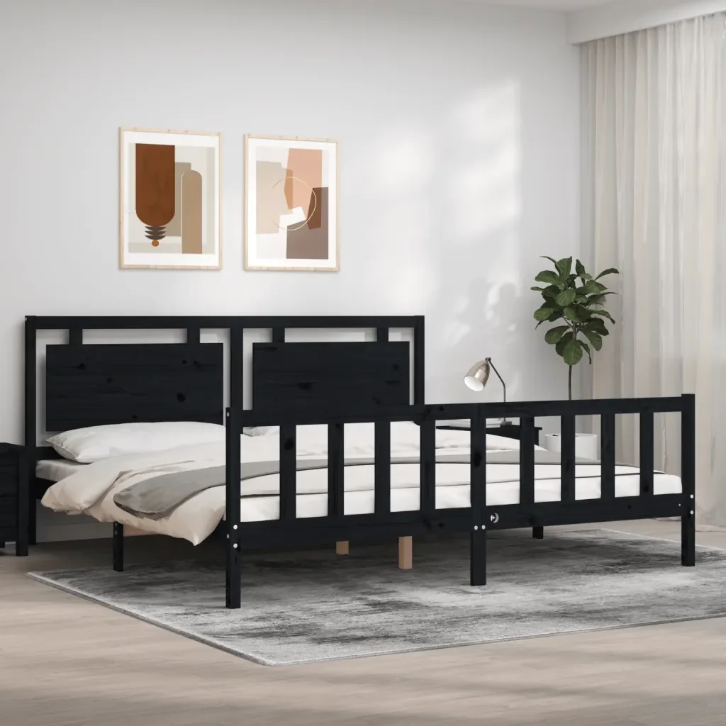 Letto matrimoniale | Letto per adulti | Giroletto con Testiera Nero 200x200 cm in Legno Massello - Image 2