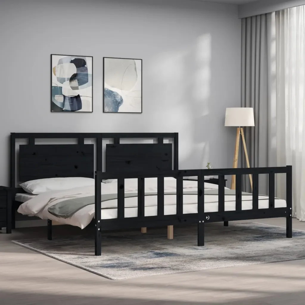 Letto matrimoniale | Letto per adulti | Giroletto con Testiera Nero 200x200 cm in Legno Massello - Image 4