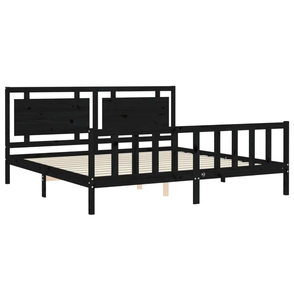 Letto matrimoniale | Letto per adulti | Giroletto con Testiera Nero 200x200 cm in Legno Massello - Image 5