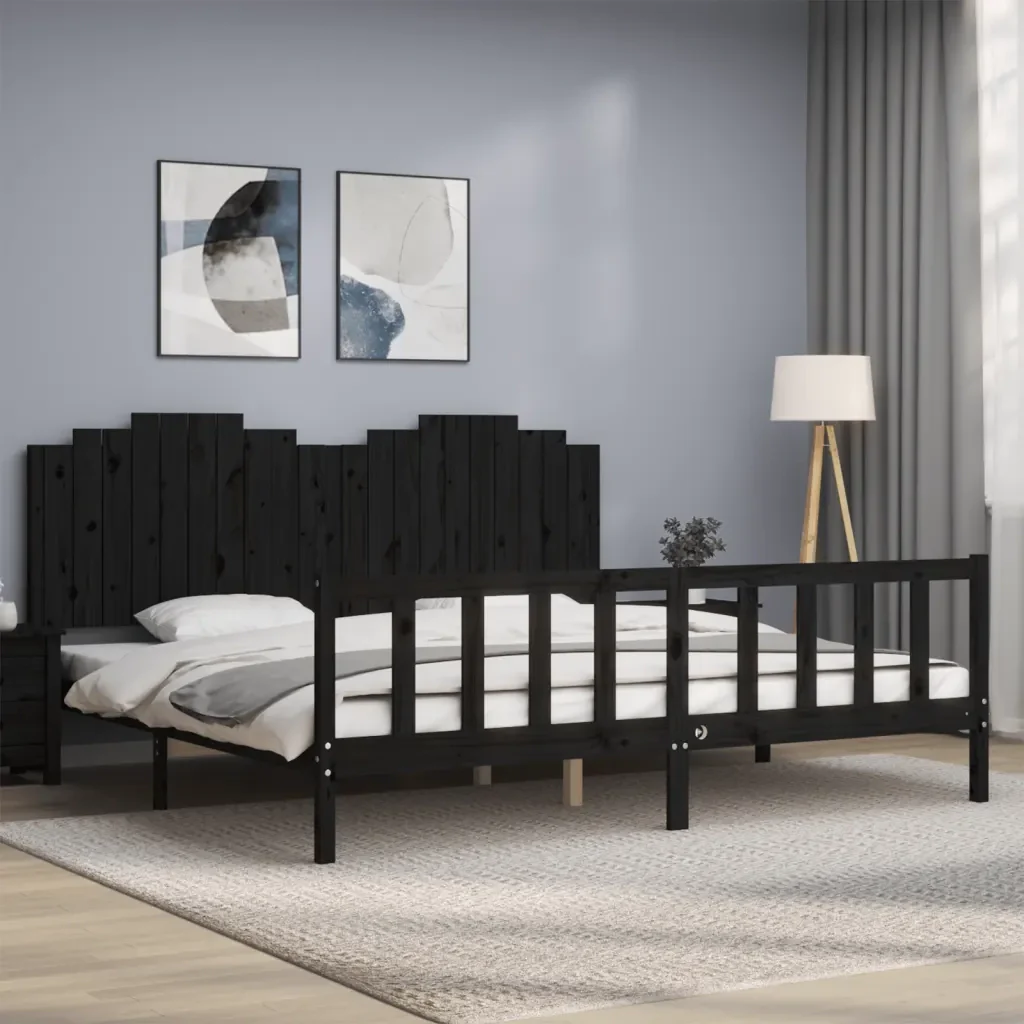 Letto matrimoniale | Letto per adulti | Giroletto con Testiera Nero 200x200 cm in Legno Massello - Image 2