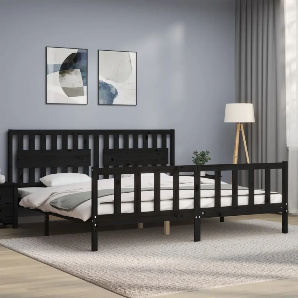 Letto matrimoniale | Letto per adulti | Giroletto con Testiera Nero 200x200 cm in Legno Massello - Image 4