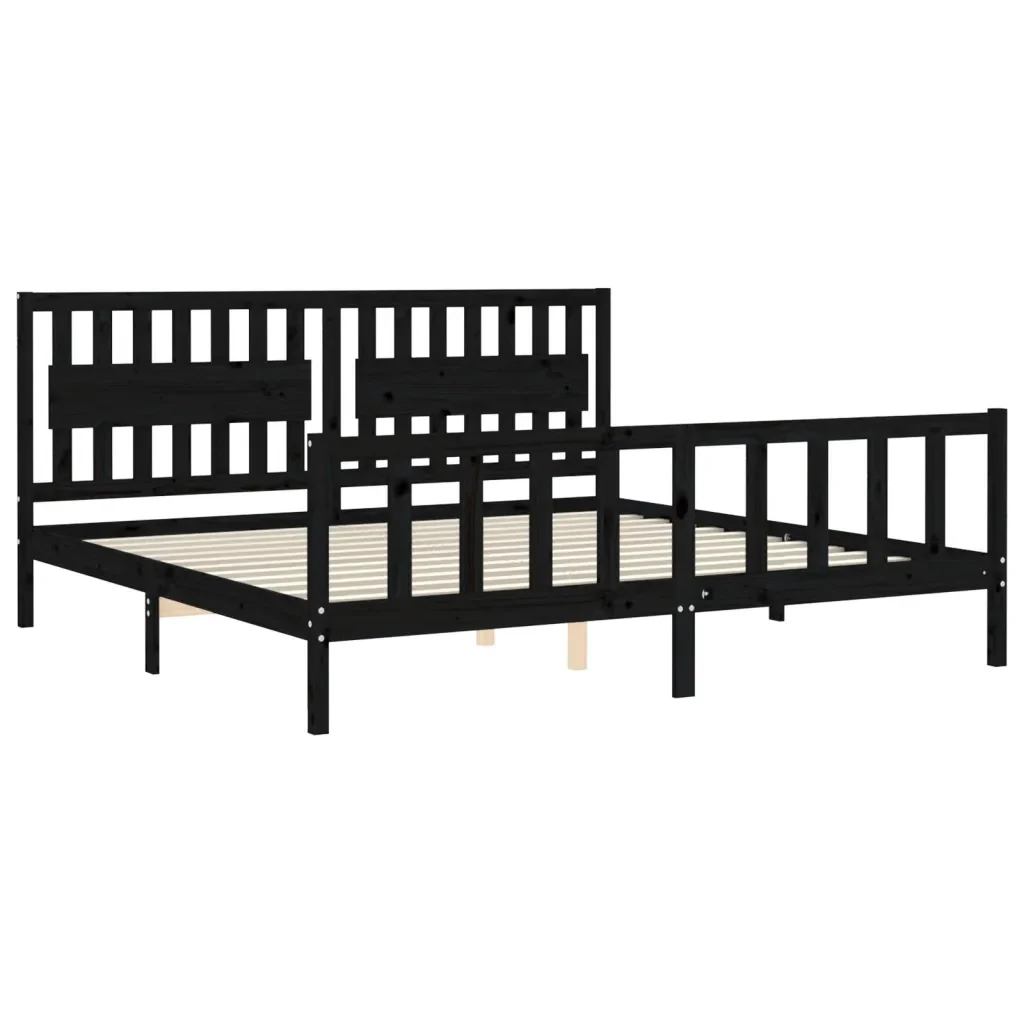 Letto matrimoniale | Letto per adulti | Giroletto con Testiera Nero 200x200 cm in Legno Massello - Image 5