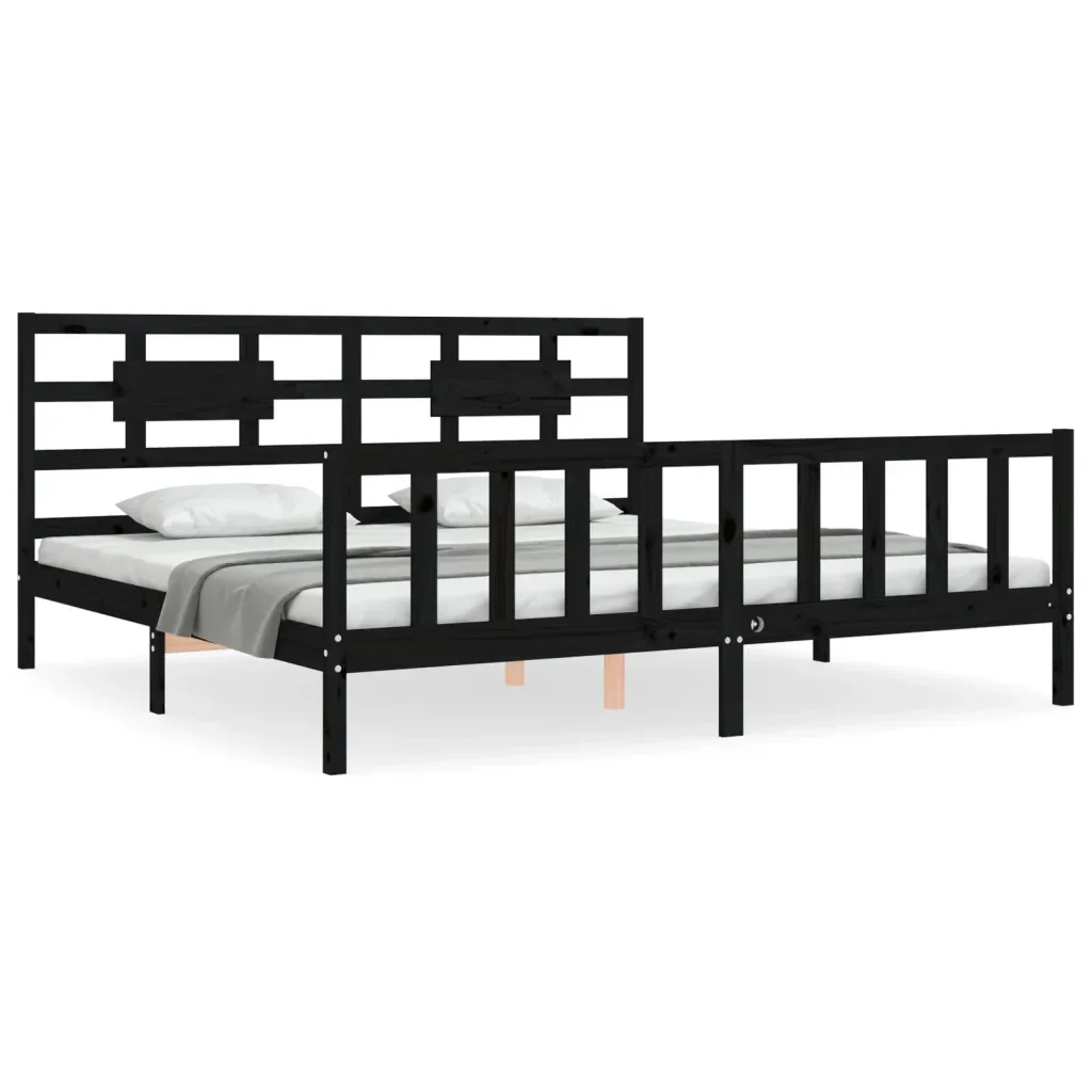 Letto matrimoniale | Letto per adulti | Giroletto con Testiera Nero 200x200 cm in Legno Massello
