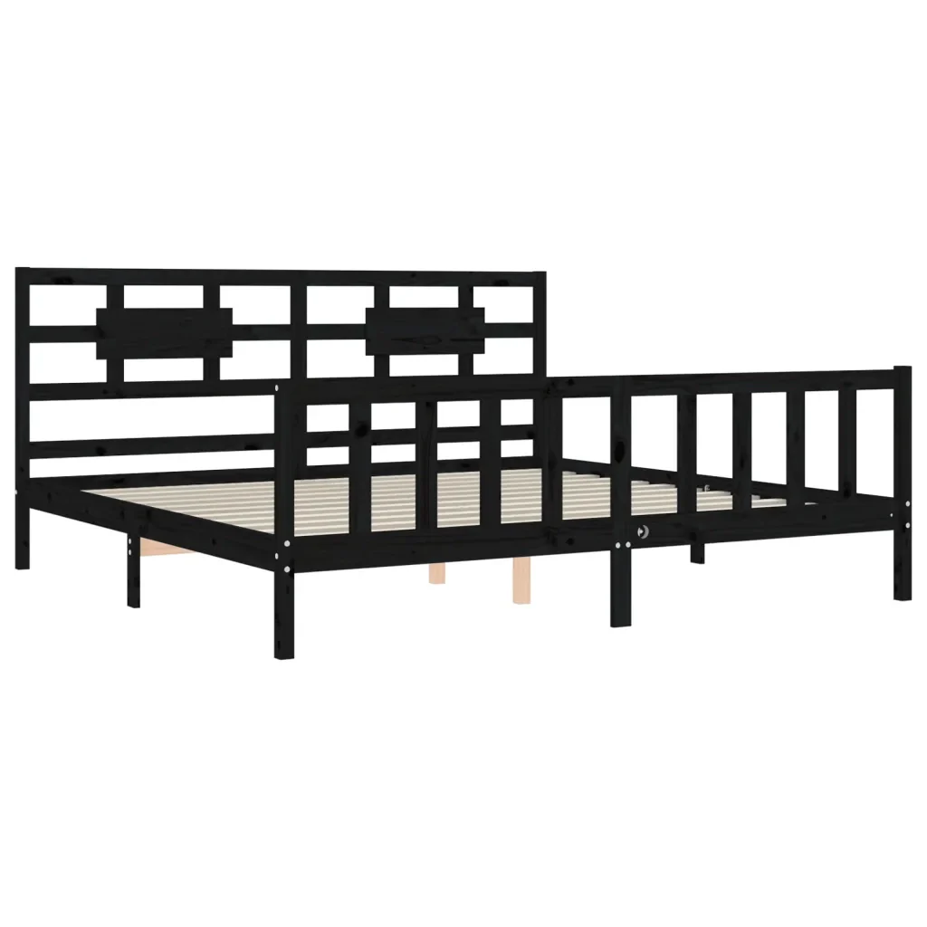 Letto matrimoniale | Letto per adulti | Giroletto con Testiera Nero 200x200 cm in Legno Massello - Image 5