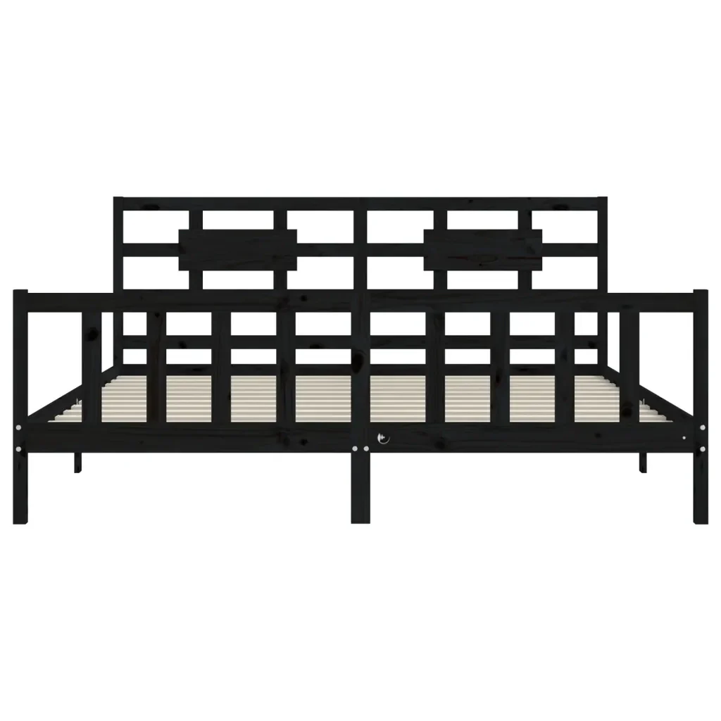 Letto matrimoniale | Letto per adulti | Giroletto con Testiera Nero 200x200 cm in Legno Massello - Image 6