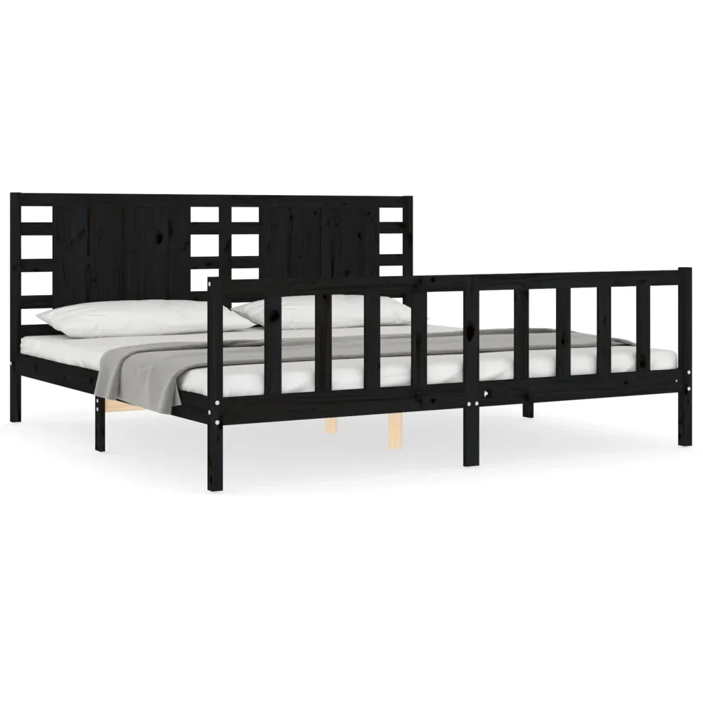 Letto matrimoniale | Letto per adulti | Giroletto con Testiera Nero 200x200 cm in Legno Massello