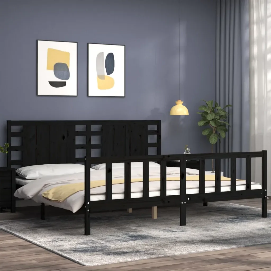 Letto matrimoniale | Letto per adulti | Giroletto con Testiera Nero 200x200 cm in Legno Massello - Image 3