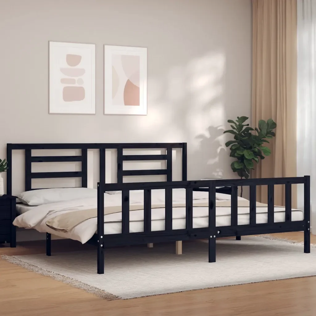Letto matrimoniale | Letto per adulti | Giroletto con Testiera Nero 200x200 cm in Legno Massello - Image 2