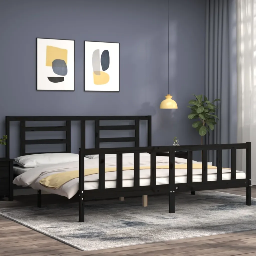 Letto matrimoniale | Letto per adulti | Giroletto con Testiera Nero 200x200 cm in Legno Massello - Image 4