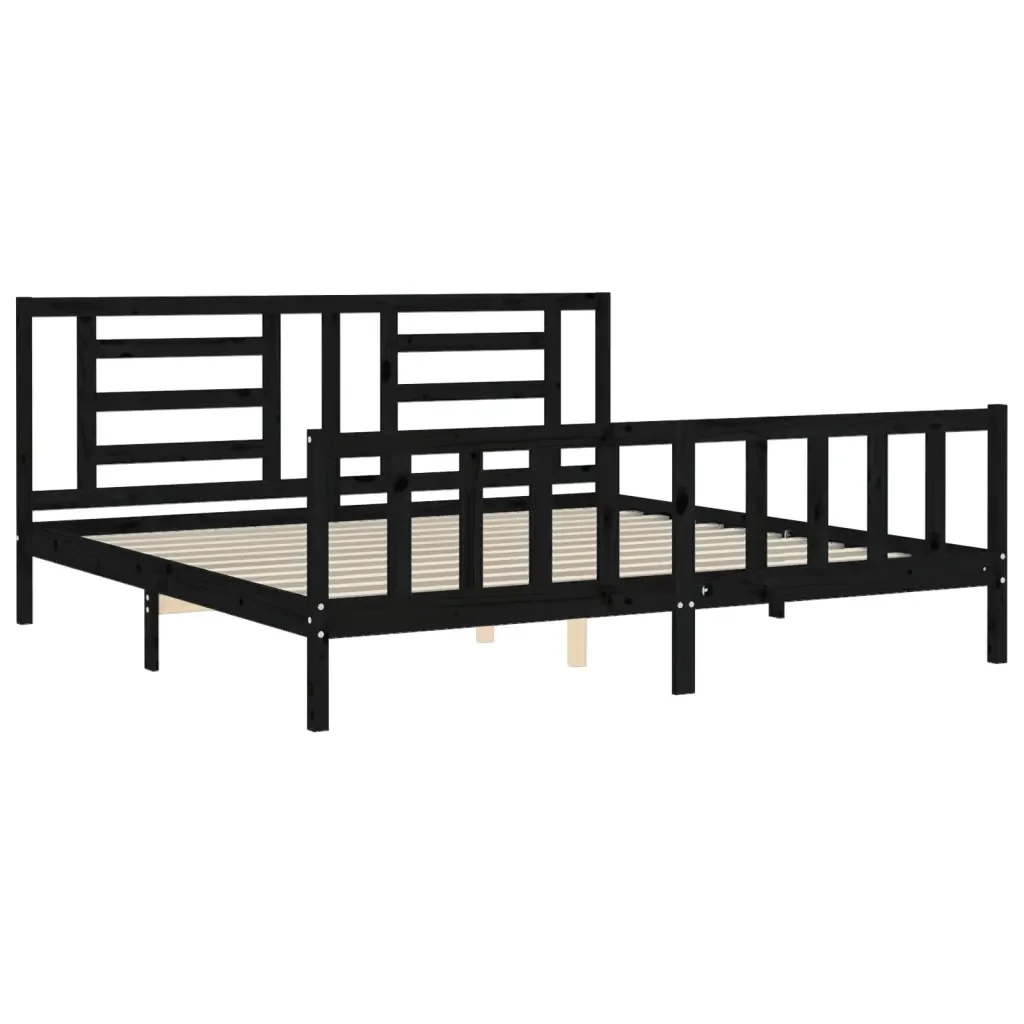 Letto matrimoniale | Letto per adulti | Giroletto con Testiera Nero 200x200 cm in Legno Massello - Image 5