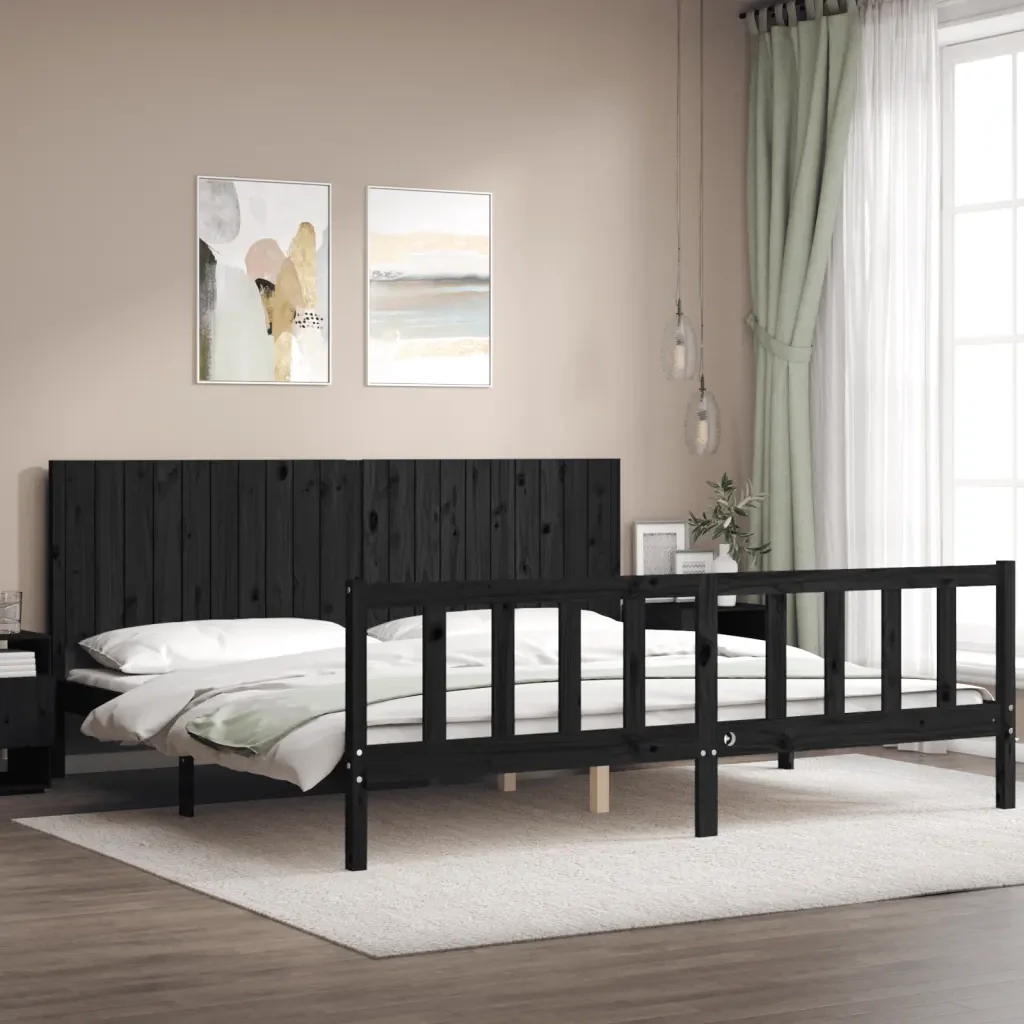 Letto matrimoniale | Letto per adulti | Giroletto con Testiera Nero 200x200 cm in Legno Massello - Image 4