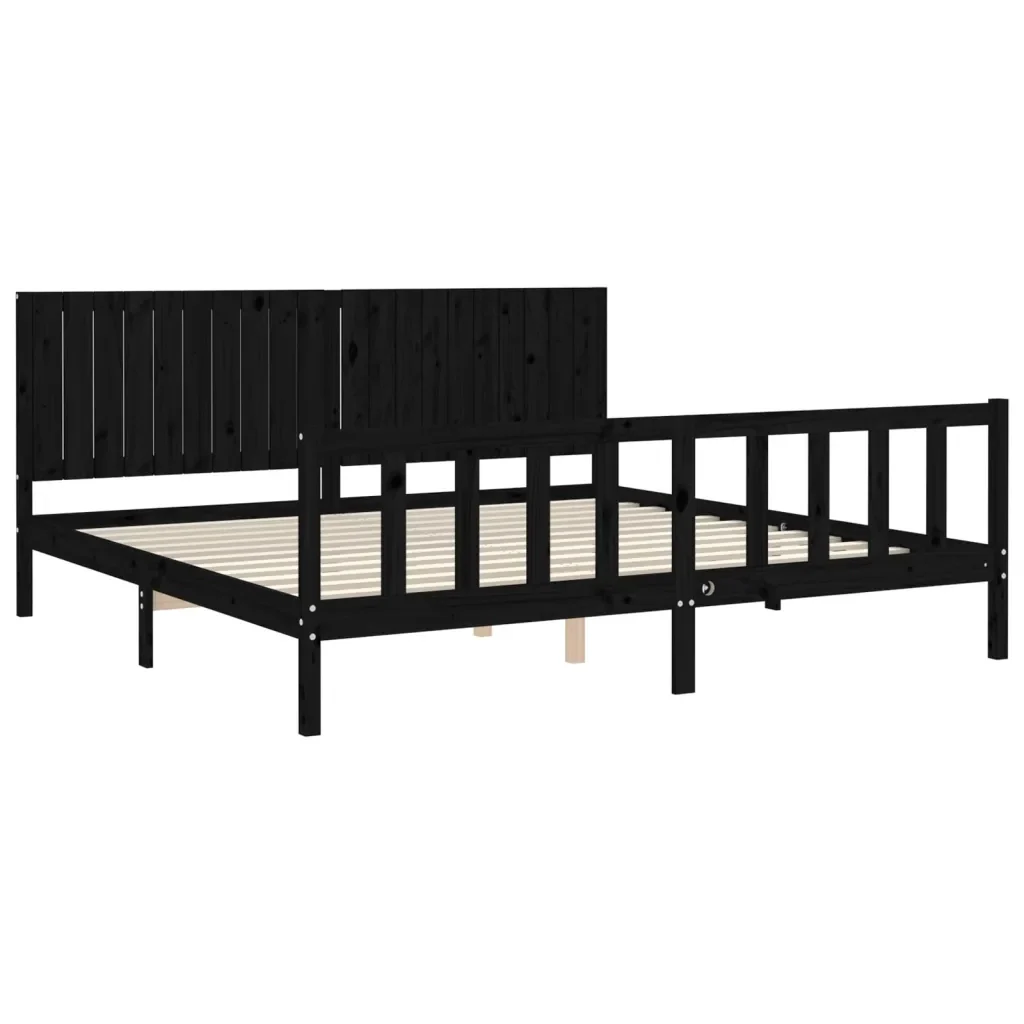Letto matrimoniale | Letto per adulti | Giroletto con Testiera Nero 200x200 cm in Legno Massello - Image 5