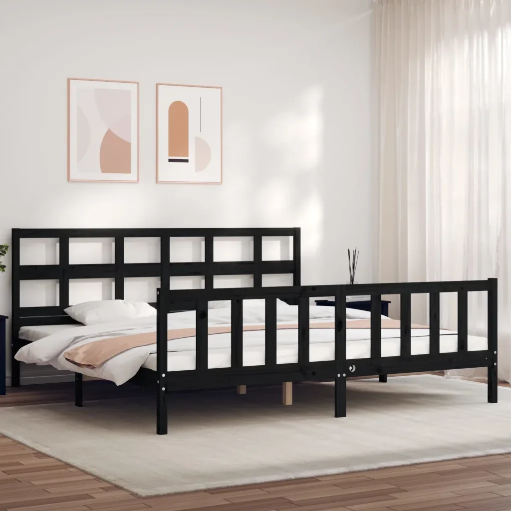 Letto matrimoniale | Letto per adulti | Giroletto con Testiera Nero 200x200 cm in Legno Massello - Image 2