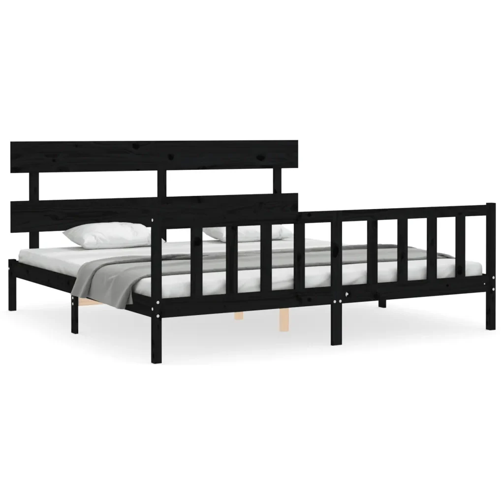 Letto matrimoniale | Letto per adulti | Giroletto con Testiera Nero 200x200 cm in Legno Massello