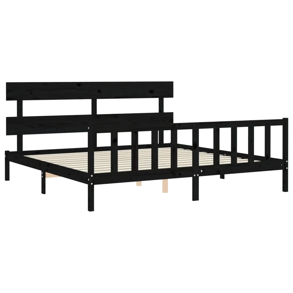 Letto matrimoniale | Letto per adulti | Giroletto con Testiera Nero 200x200 cm in Legno Massello - Image 5