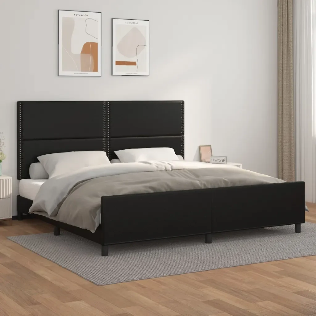 Letto matrimoniale | Letto per adulti | Giroletto con Testiera Nero 200x200 cm in Similpelle - Image 2