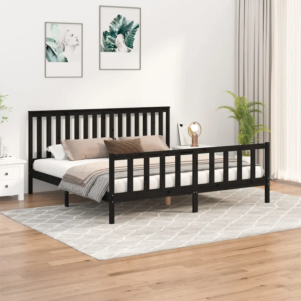 Letto matrimoniale | Letto per adulti | Giroletto con Testiera Nero 200x200 cm Legno Massello di Pino - Image 2