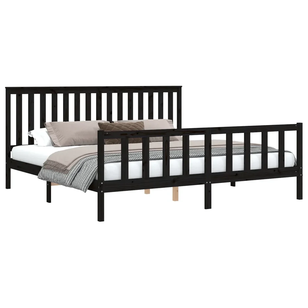 Letto matrimoniale | Letto per adulti | Giroletto con Testiera Nero 200x200 cm Legno Massello di Pino - Image 4