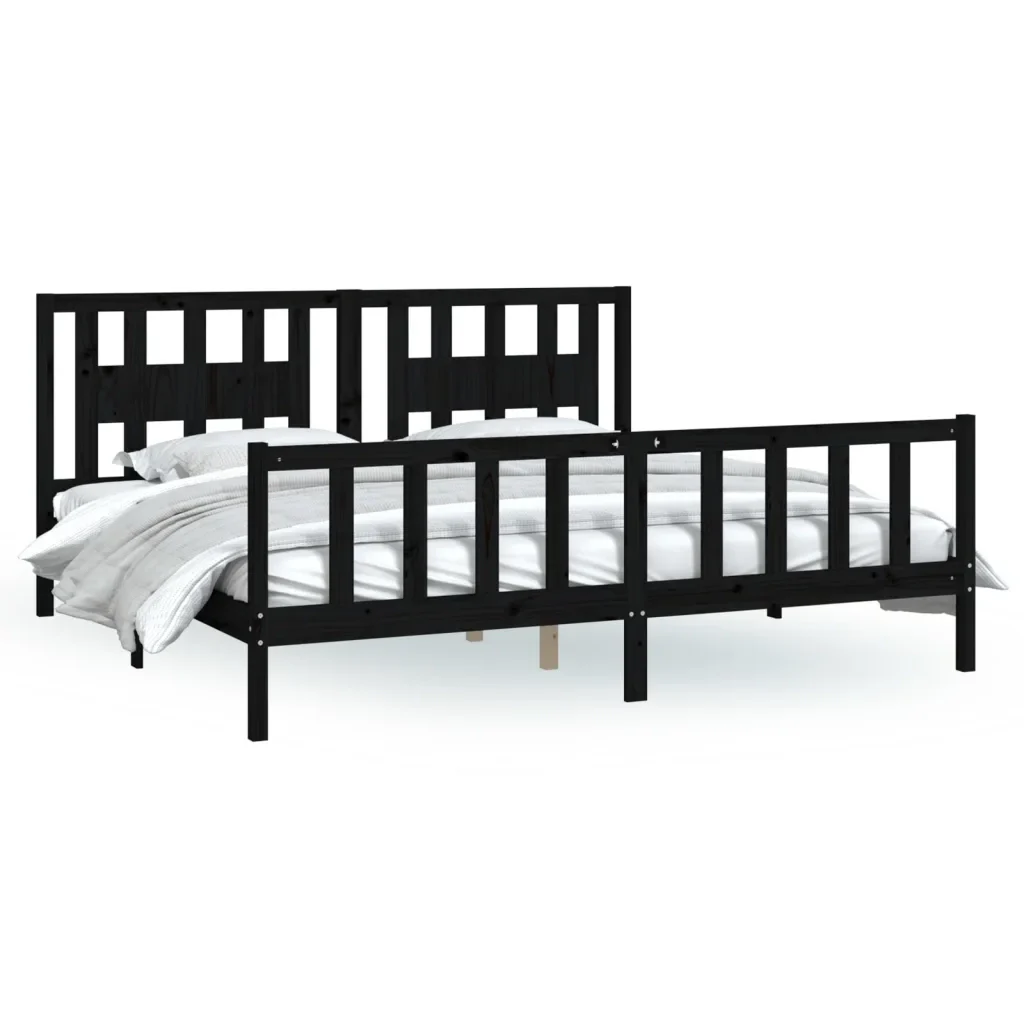 Letto matrimoniale | Letto per adulti | Giroletto con Testiera Nero Legno Massello di Pino 200x200 cm