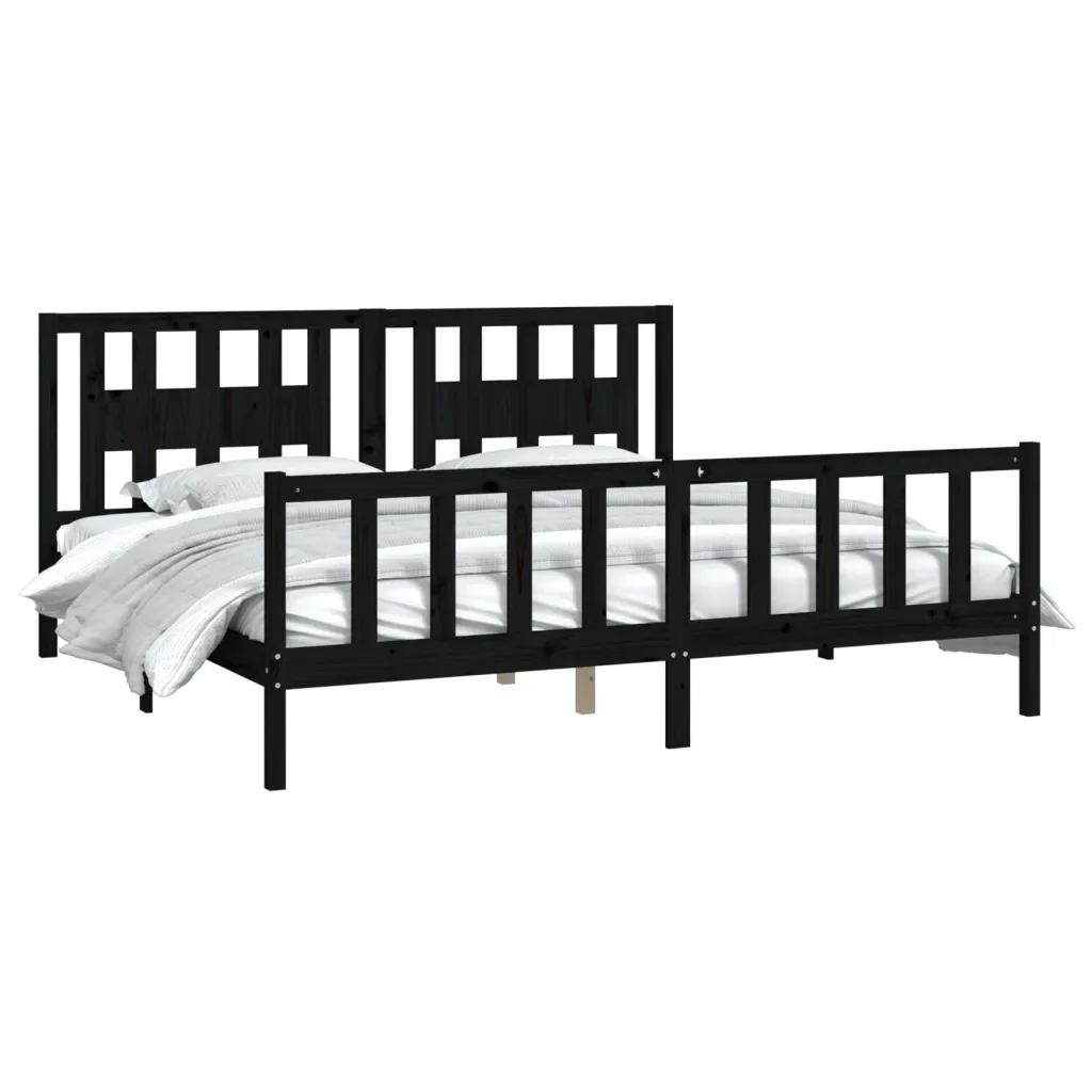 Letto matrimoniale | Letto per adulti | Giroletto con Testiera Nero Legno Massello di Pino 200x200 cm - Image 3