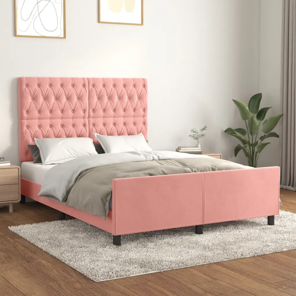 Letto matrimoniale | Letto per adulti | Giroletto con Testiera Rosa 140x190 cm in Velluto - Image 2
