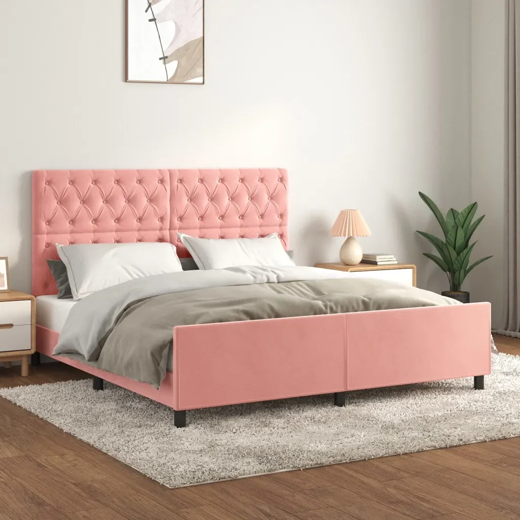 Letto matrimoniale | Letto per adulti | Giroletto con Testiera Rosa 160x200 cm in Velluto - Image 2
