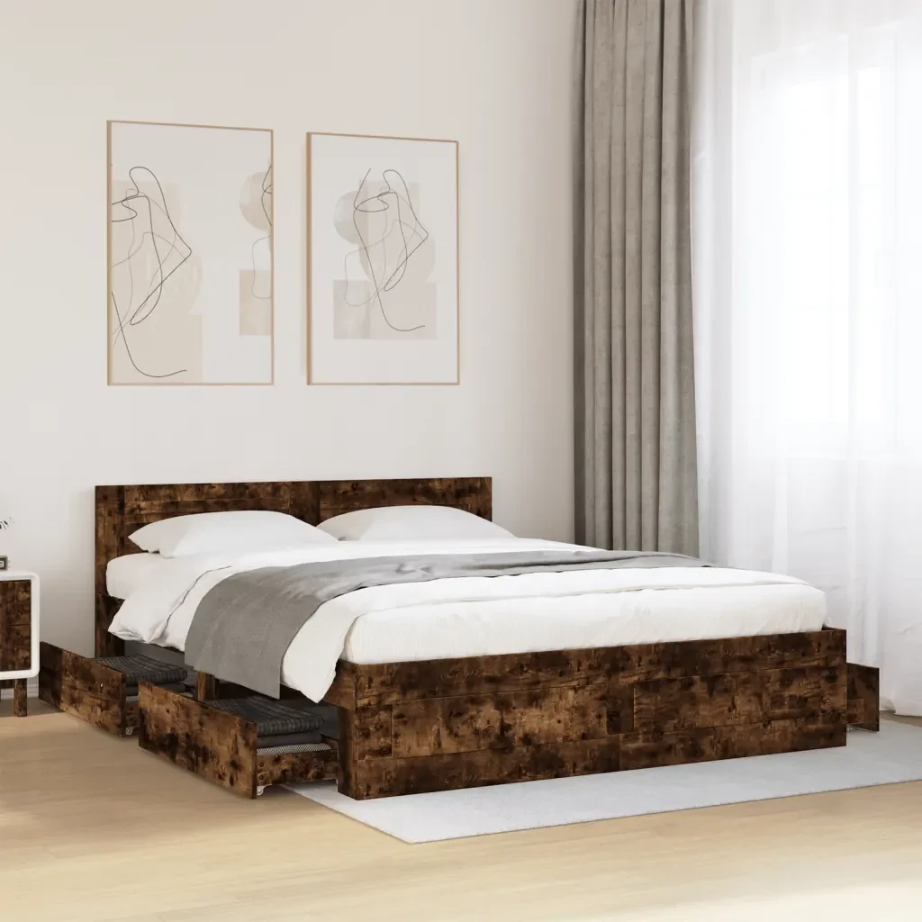 Letto matrimoniale | Letto per adulti | Giroletto con Testiera Rovere Fumo 160x200 cm Legno Multistrato - Image 2