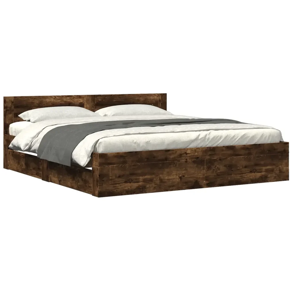 Letto matrimoniale | Letto per adulti | Giroletto con Testiera Rovere Fumo 180x200 cm Legno Multistrato