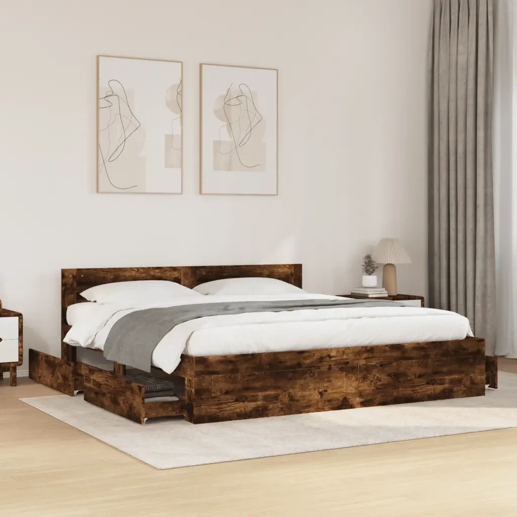 Letto matrimoniale | Letto per adulti | Giroletto con Testiera Rovere Fumo 180x200 cm Legno Multistrato - Image 2