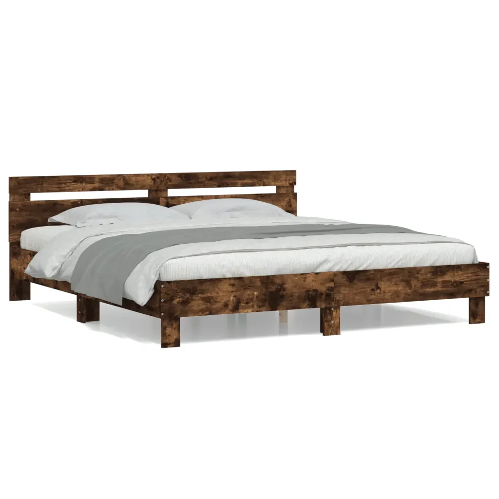 Letto matrimoniale | Letto per adulti | Giroletto con Testiera Rovere Fumo 200x200 cm Legno Multistrato