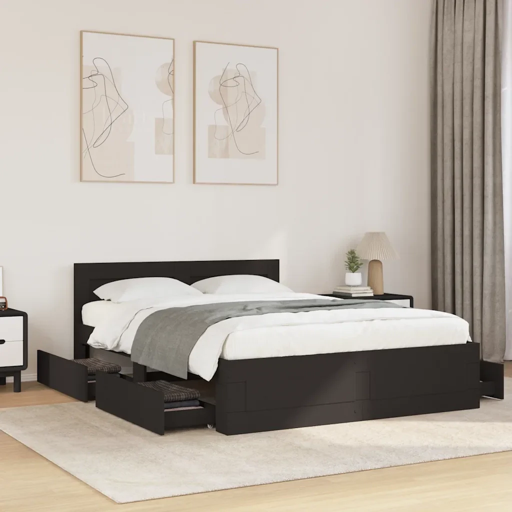 Letto matrimoniale | Letto per adulti | Giroletto con Testiera senza Materasso Nero 140x200 cm - Image 2