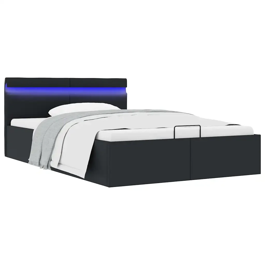 Letto matrimoniale | Letto per adulti | Giroletto Contenitore Idraulico LED Nero Similpelle 140x200 cm - Image 2