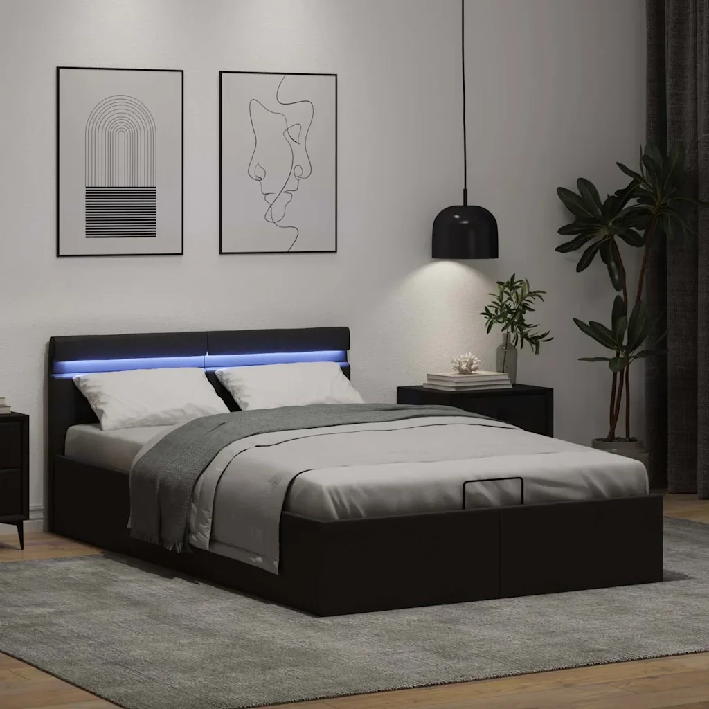 Letto matrimoniale | Letto per adulti | Giroletto Contenitore Idraulico LED Nero Similpelle 140x200 cm - Image 5