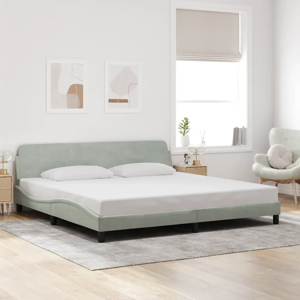 Letto matrimoniale | Letto per adulti | Giroletto Dover Grigio Chiaro 200x200 cm Velluto - Image 2