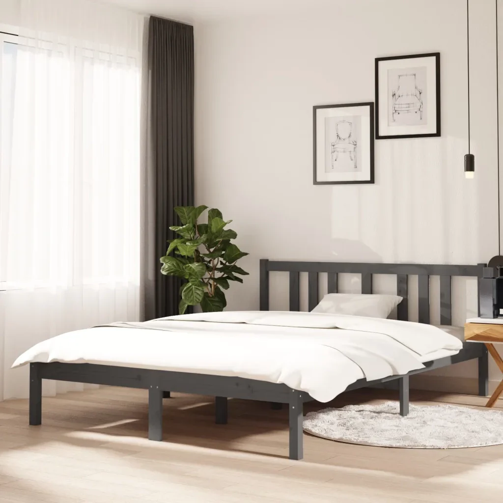 Letto matrimoniale | Letto per adulti | Giroletto Grigio in Legno Massello 135x190 cm Double - Image 2
