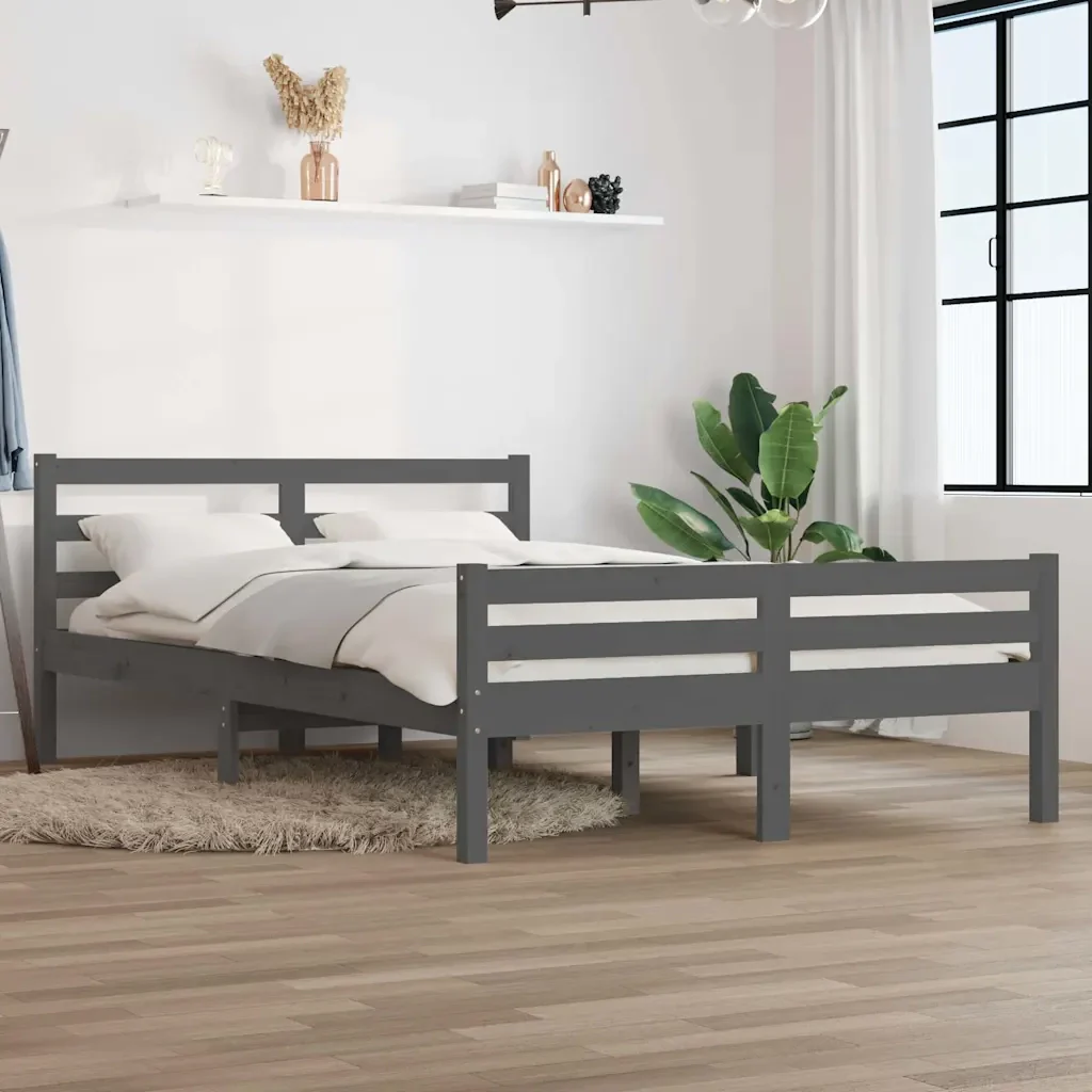 Letto matrimoniale | Letto per adulti | Giroletto Grigio in Legno Massello 140x190 cm - Image 2