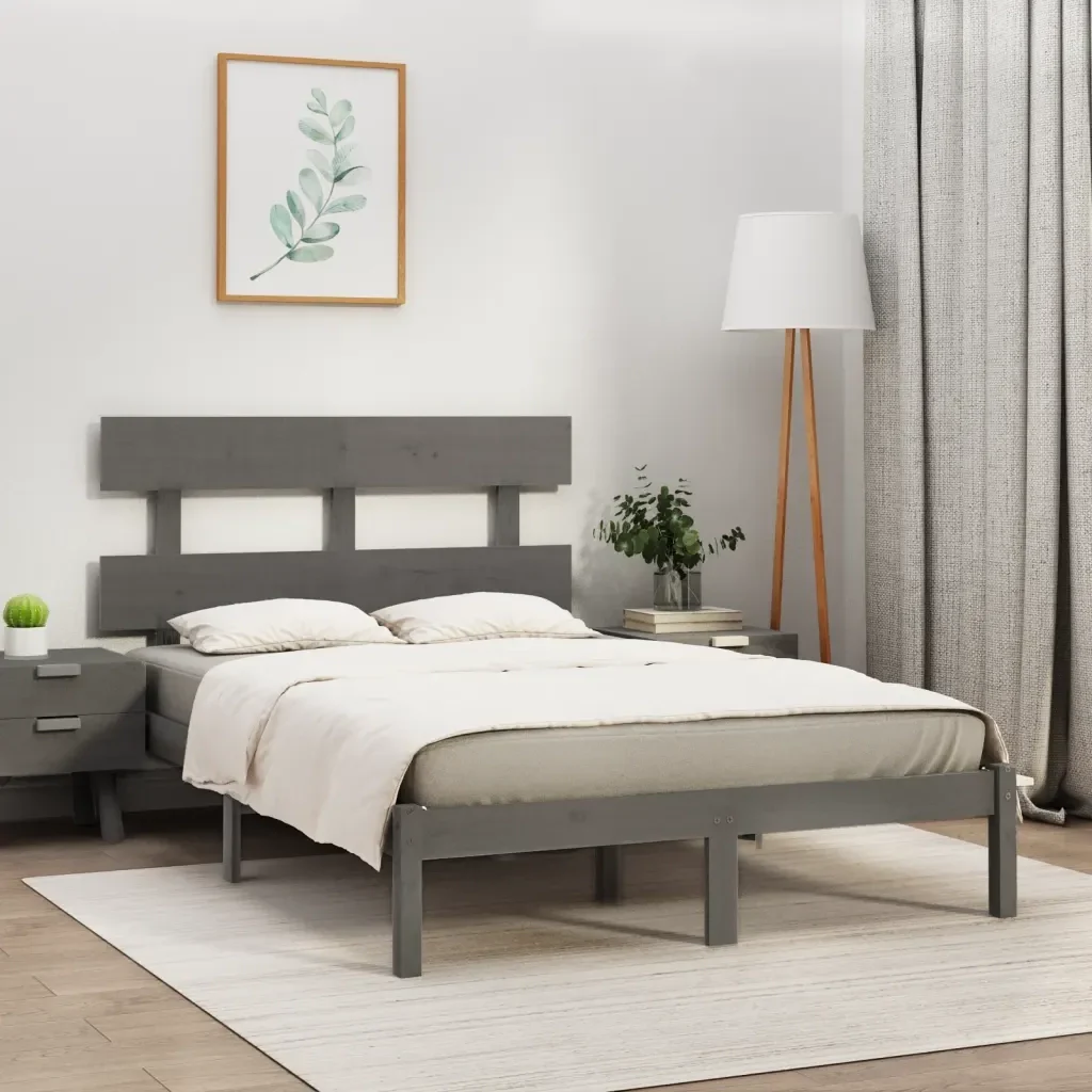Letto matrimoniale | Letto per adulti | Giroletto Grigio in Legno Massello 200x200 cm - Image 2