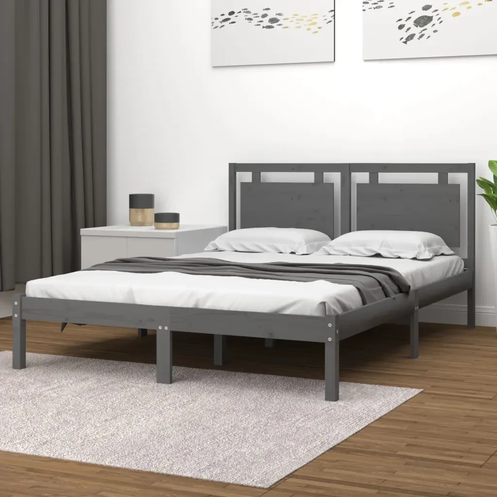Letto matrimoniale | Letto per adulti | Giroletto Grigio in Legno Massello 200x200 cm - Image 2