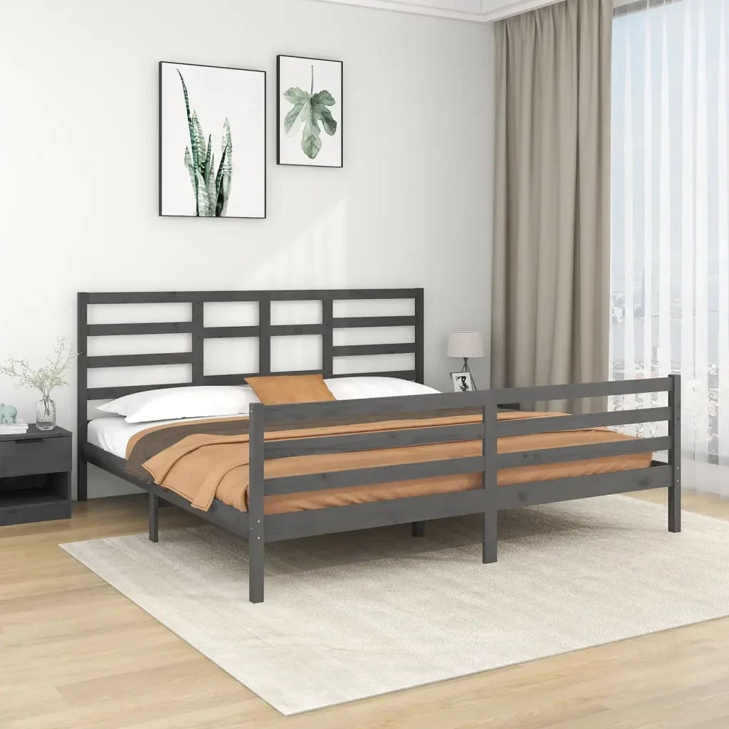 Letto matrimoniale | Letto per adulti | Giroletto Grigio in Legno Massello 200x200 cm - Image 2