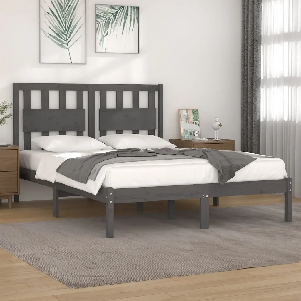 Letto matrimoniale | Letto per adulti | Giroletto Grigio in Legno Massello di Pino 200x200 cm - Image 2