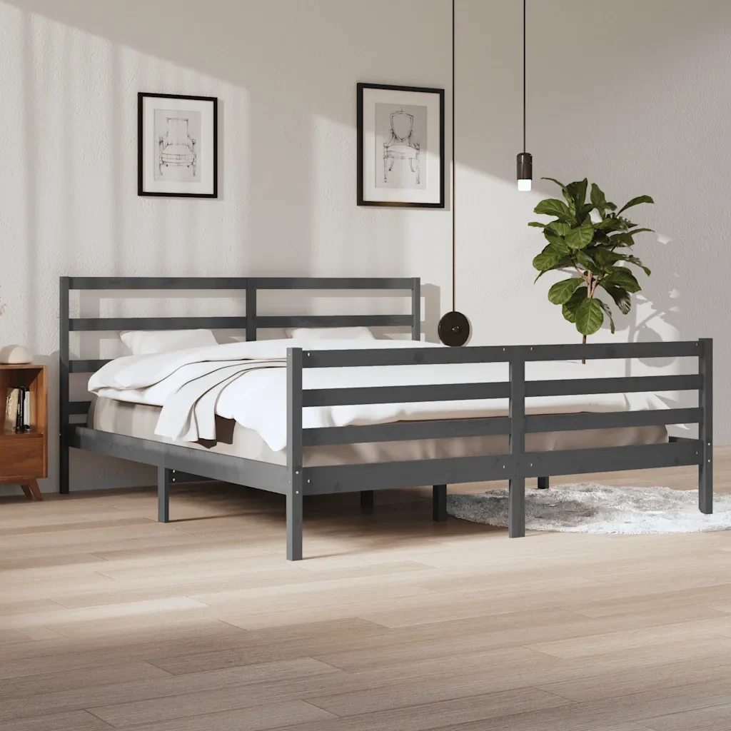 Letto matrimoniale | Letto per adulti | Giroletto Grigio in Legno Massello di Pino 200x200 cm - Image 2