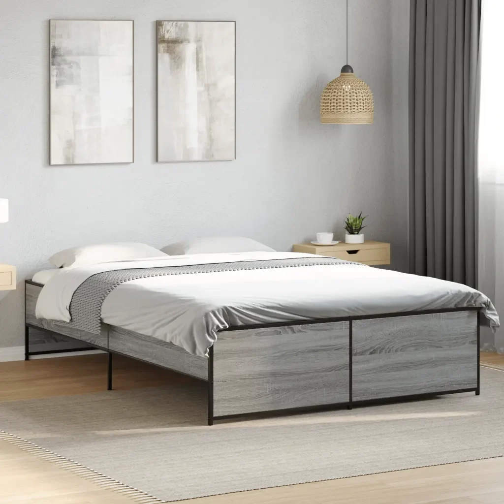 Letto matrimoniale | Letto per adulti | Giroletto Grigio Sonoma 135x190 cm in Legno Multistrato Metallo - Image 2