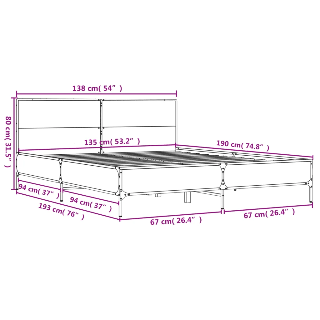 Letto matrimoniale | Letto per adulti | Giroletto Grigio Sonoma 135x190 cm in Legno Multistrato Metallo - Image 9