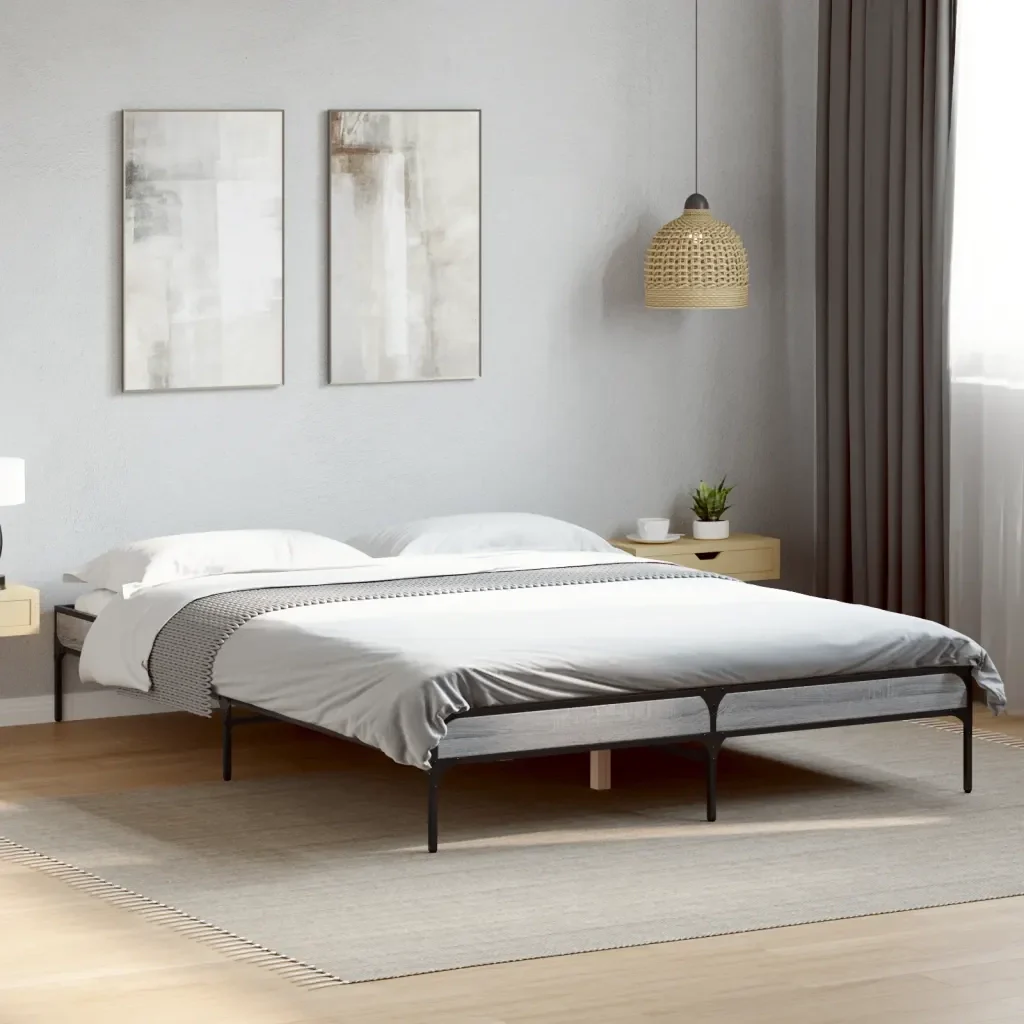 Letto matrimoniale | Letto per adulti | Giroletto Grigio Sonoma 140x190 cm in Legno Multistrato Metallo - Image 2