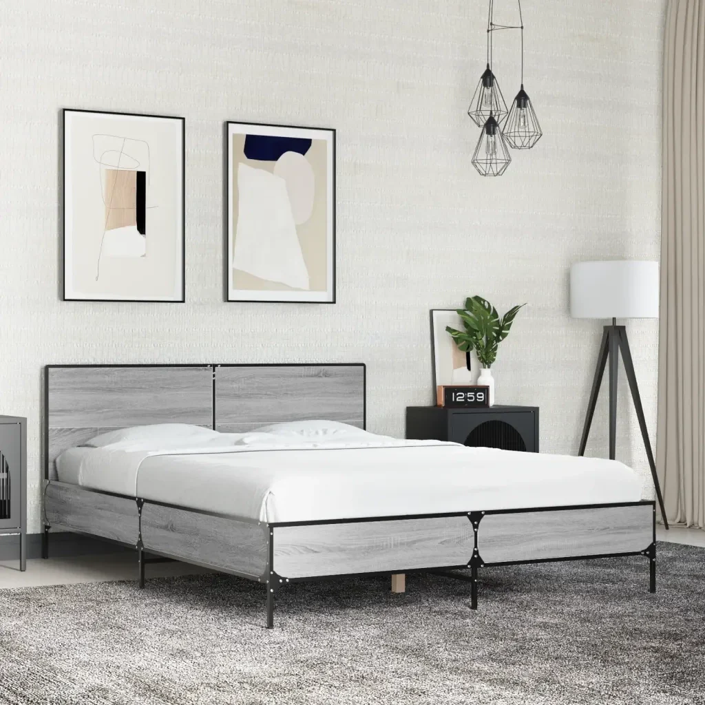 Letto matrimoniale | Letto per adulti | Giroletto Grigio Sonoma 140x200 cm in Legno Multistrato Metallo - Image 2
