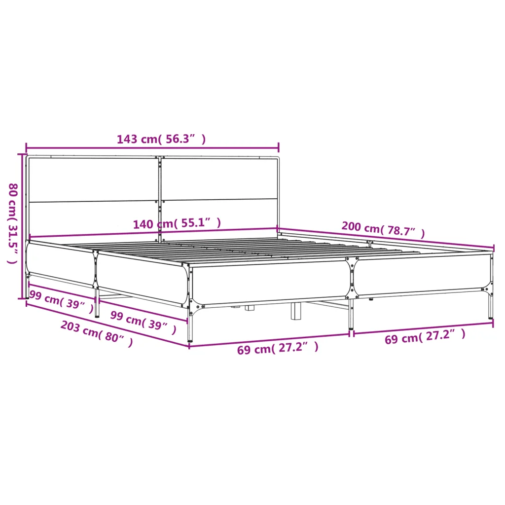 Letto matrimoniale | Letto per adulti | Giroletto Grigio Sonoma 140x200 cm in Legno Multistrato Metallo - Image 9