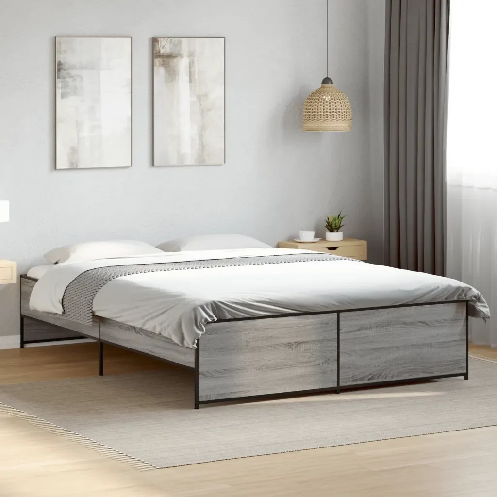 Letto matrimoniale | Letto per adulti | Giroletto Grigio Sonoma 150x200 cm in Legno Multistrato Metallo - Image 2