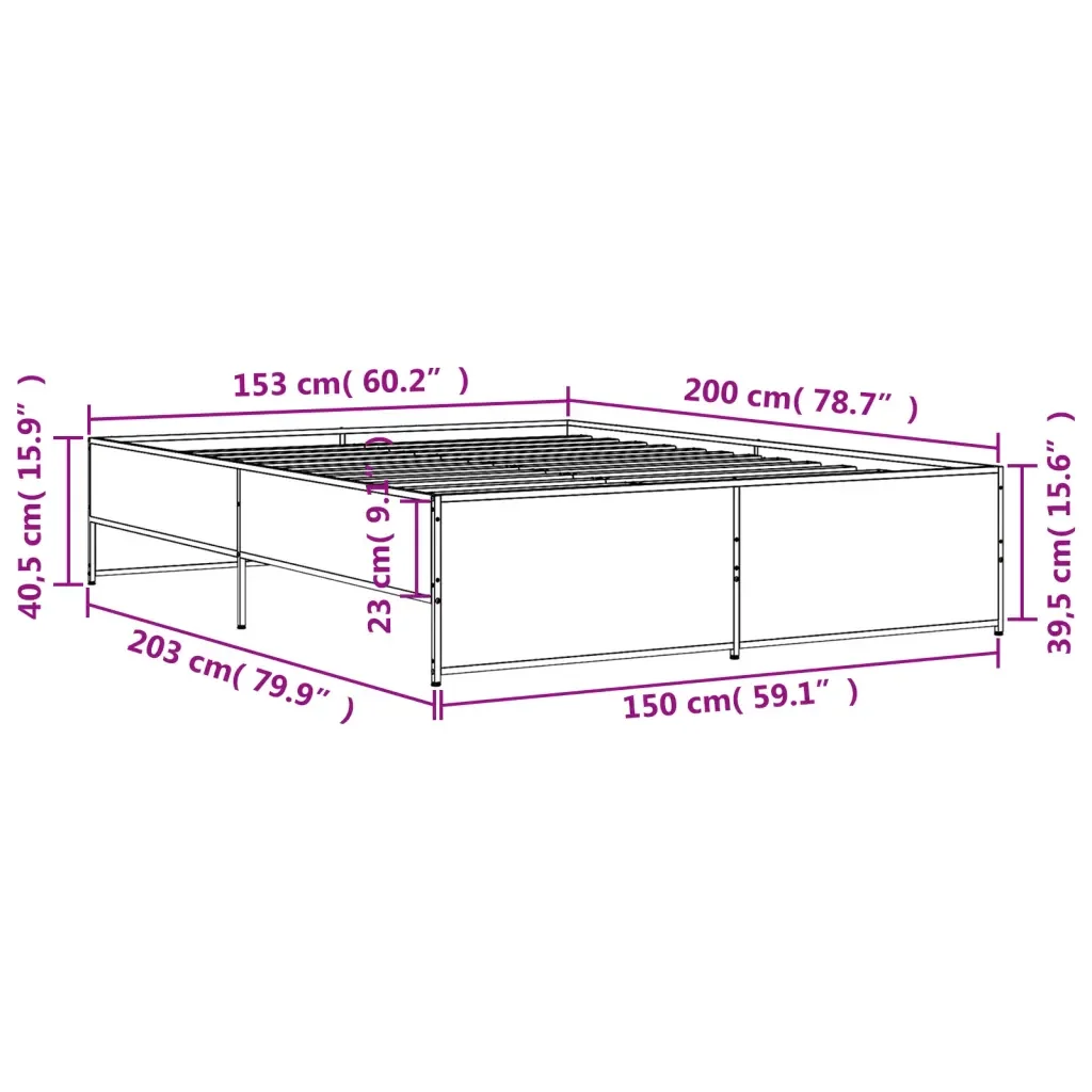 Letto matrimoniale | Letto per adulti | Giroletto Grigio Sonoma 150x200 cm in Legno Multistrato Metallo - Image 9